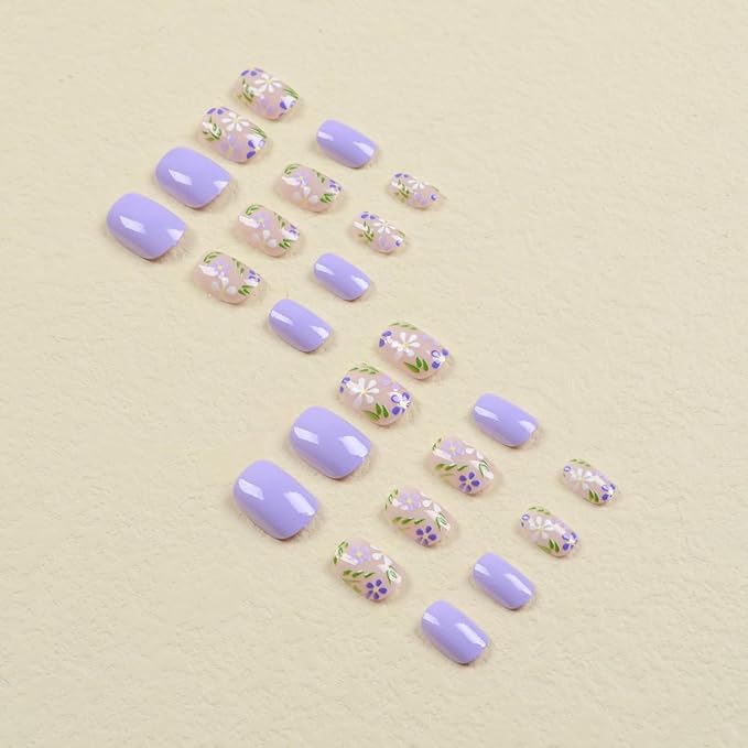 OCOUYVD Flower Press on Nails Extra Short Purple Fake Nails Spring Floral Designs False Nails Square Full Cover Stick on Acrylic Nails Glue on Nails for Women DIY Nail Art Decoration 24 Pcs
