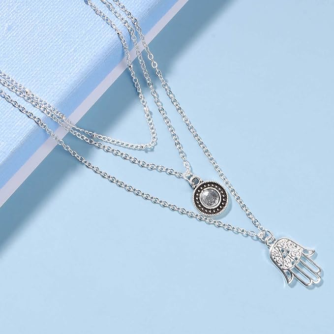 Boho Layered Opal Moonstone Necklace Silver Hamsa Pendant Necklace Futian Hand Necklace Chain Opalite Gem Necklace Jewelry for Women and Girls-VivaGrace Women