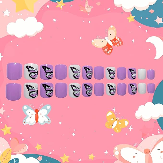 Kids Press on Nails Children Fake Nails 72PCS Artificial Nail Tips Adhesive Full Cover Short False Fingernails for Girls Kids Nail Decoration (Butterfly Flower Star)