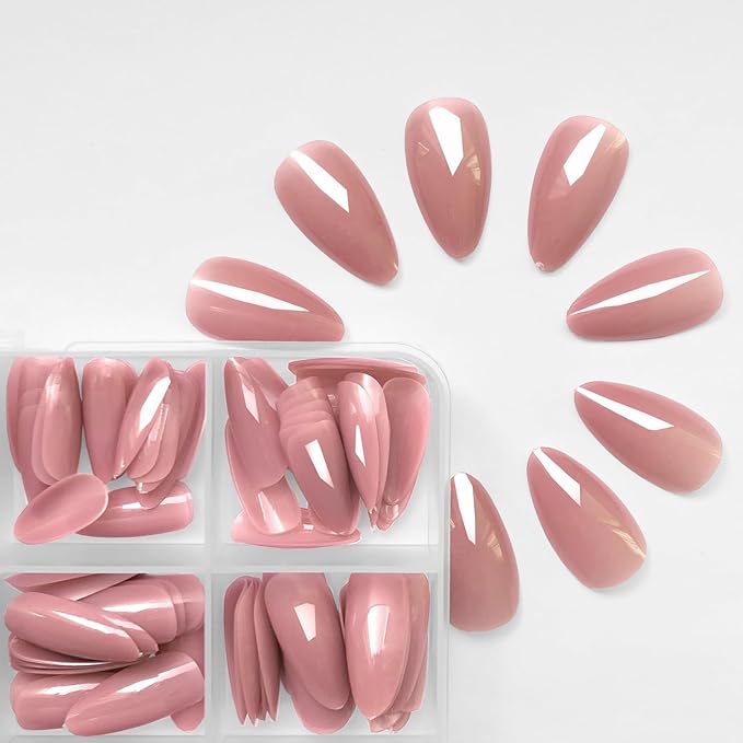 LoveOurHome 240pc Nude Almond Press on Nails Medium Fake Nails Nude Glue on Nails Short Stiletto Nails Press ons Full Cover Artificial Nail Tips Women Girls False Fingernail with Glue Adhesive Tabs