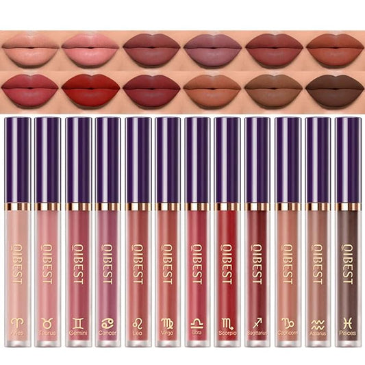 BestLand 12Pcs Matte Lipstick Lip Makeup Kit, Velvety Liquid Lipstick Waterproof Long Lasting Durable Nude Zodiac Signs Lip Gloss Beauty Cosmetics Gift Box Makeup Set Kit (12 Piece Set)-VivaGrace Women
