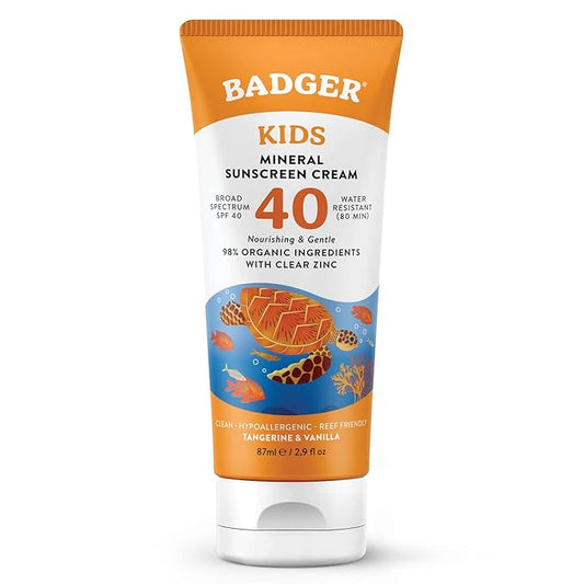 Badger Kids Mineral Sunscreen Cream SPF 40, 98% Organic Ingredients, Zinc Oxide Sunscreen for Kids Face & Body, Water Resistant, Reef Friendly, Hawaii Approved Broad Spectrum Sunblock, 2.9 fl oz-VivaGrace Women