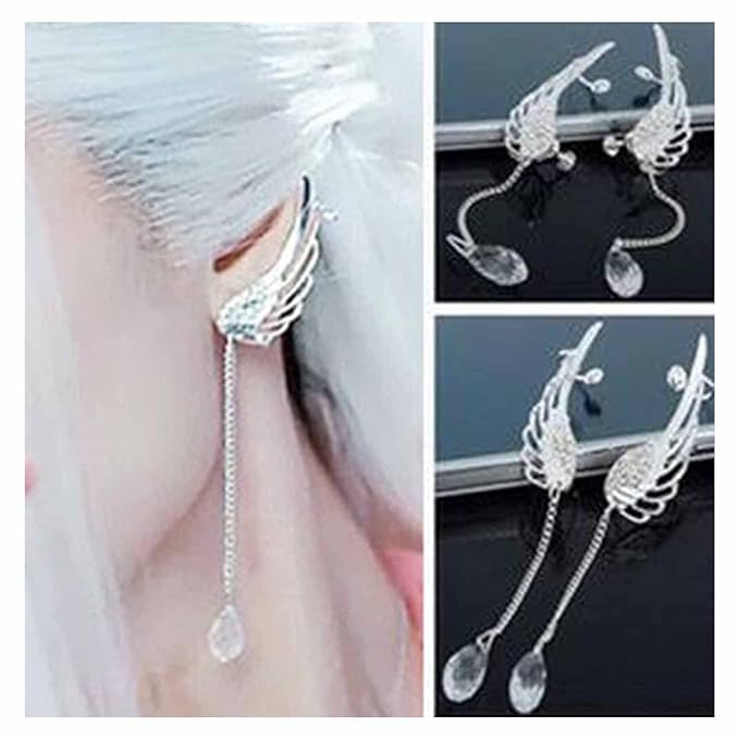 Boho Rhinestone Wing Ear Climbers Earrings Silver Crystal Drop Earring Chain Dangle Earrings Angel Wing Wrap Earrings Jewelry for Women and Girls Gifts-VivaGrace Women