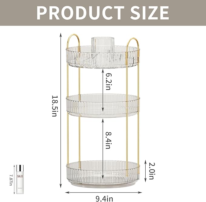 360° Rotating Makeup Organizer, Large-Capacity Skincare Make Up Storage 3 Tier Perfume Organizers Cosmetic Dresser Organizer with Makeup Brush Holder, Fits Bedroom, Bathroom, Vanity Shelf Countertop-VivaGrace Women