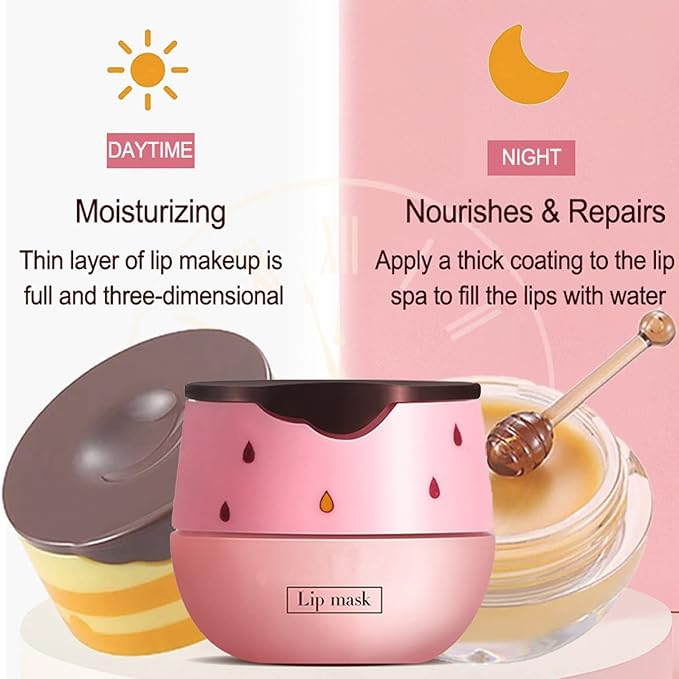 Bee Lip Balm Honey Pot, 2 PCS Strawberry & Honey Lip Masks Hydrating Prevention Dry and Cracked Lip Scrubs Exfoliator,Lip Sleep Mask Reduces Lip Lines,Lip Exfoliating BeeLip Balm Sleeping Lip Mask-VivaGrace Women