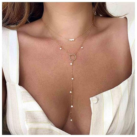 Boho Circle Pearl Lariat Necklace Gold Long Lariat Chain Necklace Tiny Pearl Choker Necklace Drop Pearl Chain Y Necklace Jewelry for Women and Girls Gifts-VivaGrace Women