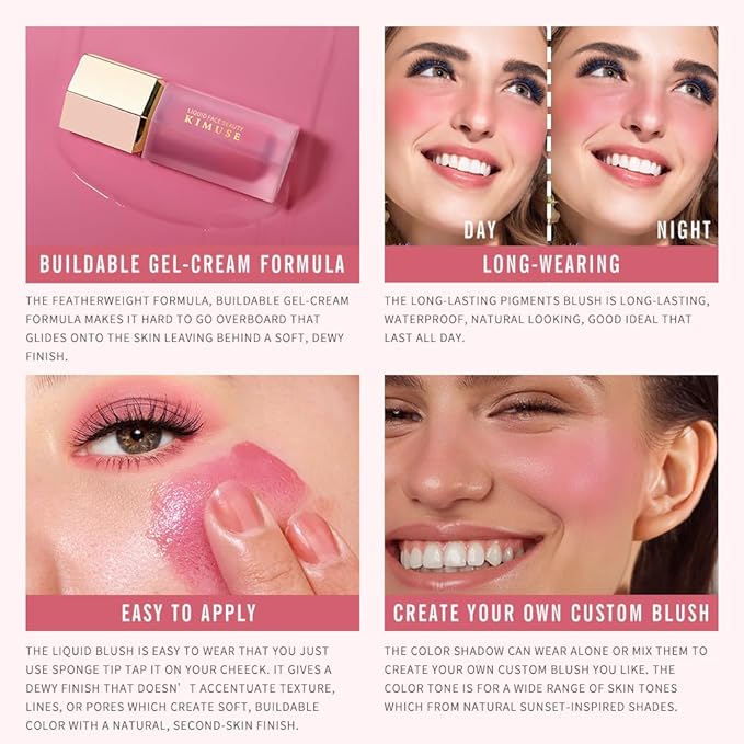 KIMUSE Soft Cream Blush Makeup, Liquid Blush for Cheeks, Weightless, Long-Wearing, Smudge Proof, Natural-Looking, Dewy Finish-VivaGrace Women