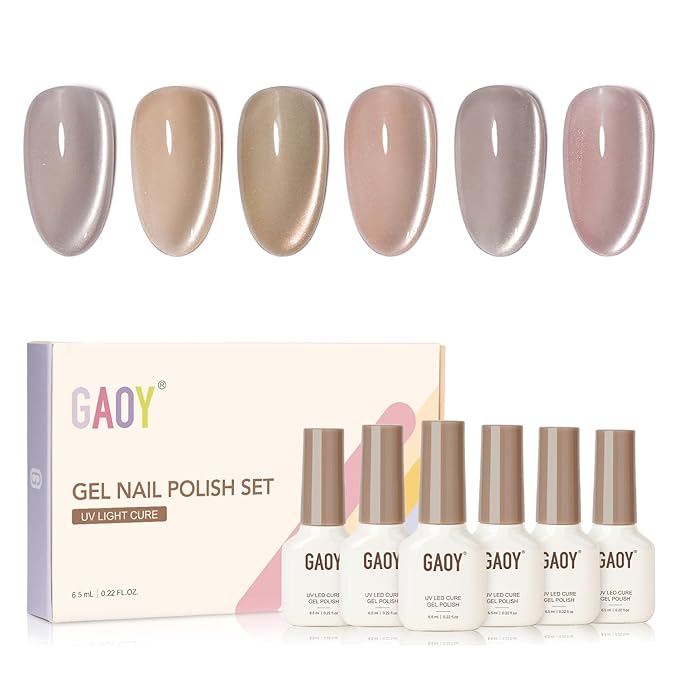 GAOY Peach Blossom Cat Eye Gel Polish, Sheer Nude Pink Base with Glass Bead Holography, Magnetic DIY Nail Kit Salon Quality at Home