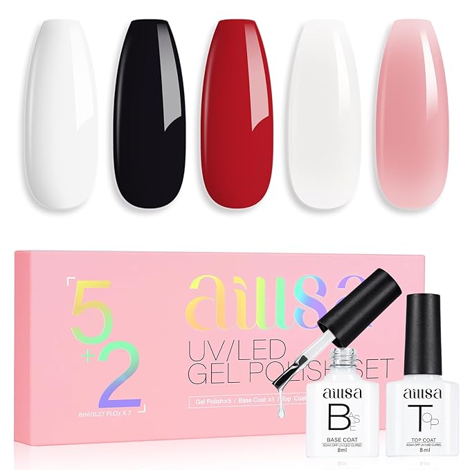 AILLSA Nude Gel Nail Polish Set Red Jelly Pink Milky White Black Gel Polish with Base and Top Coat, Classic Popular Color All Season Soak Off U V L ED Manicure Art Salon DIY at Home 7Pcs 8ML