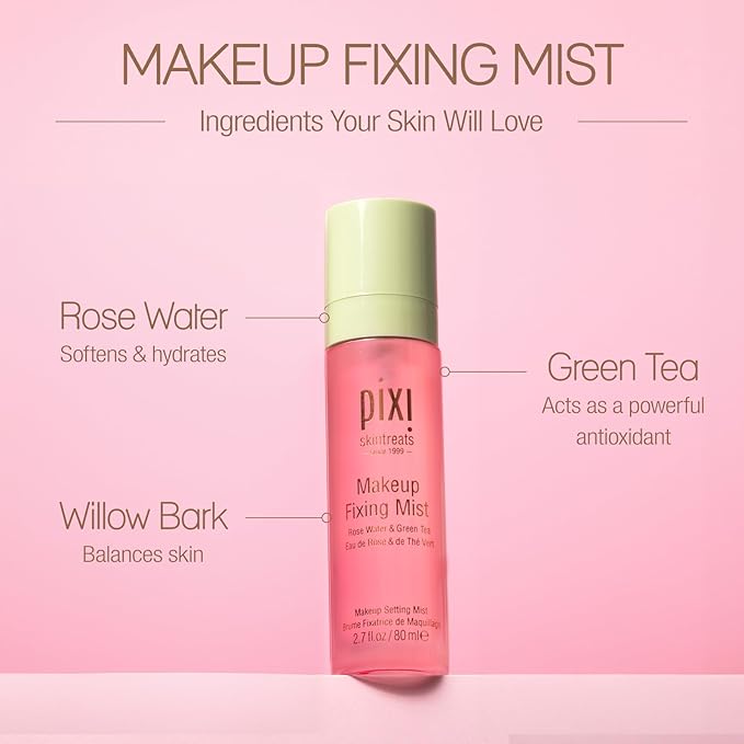 Pixi Beauty Makeup Fixing Mist 80ml, All Over Setting Spray For Longer Wearing Makeup, Rose Water and Green Tea Infused, 2.7 Fl Oz-VivaGrace Women