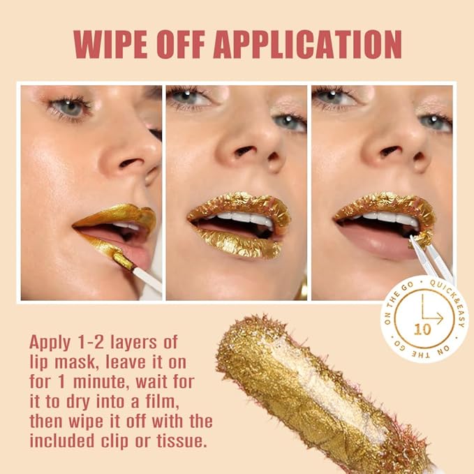 2Pcs 2025 New 24K Gold Liquid Lip Gloss Peel Off Lip Stain Tattoo with Tweezer, Lips Stain Peel Off Masque, Long Lasting Waterproof Lip Tint Stain, Transfer-proof for All Skin Types 01#+02#-VivaGrace Women