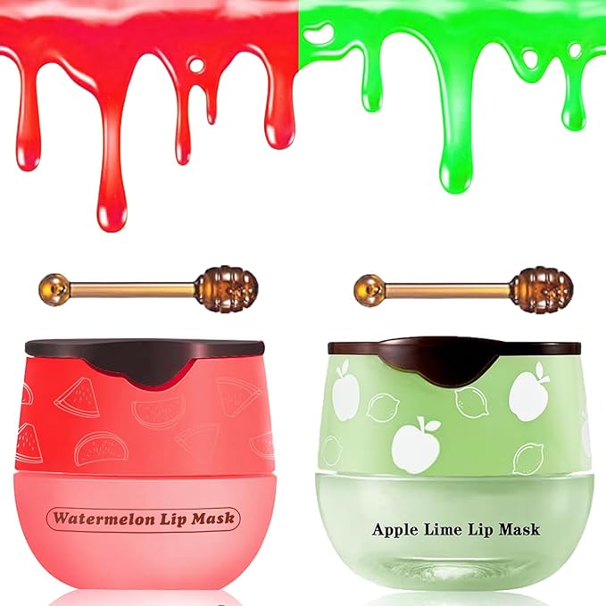 2 PCS Bee Lip Balm Honey Pot, Watermelon & Apple Lime Sleeping Lip Mask Overnight, Hydrating Prevention Dry and Cracked Lip Scrub, Reduces Lip Lines, Brightening Lip Color-VivaGrace Women