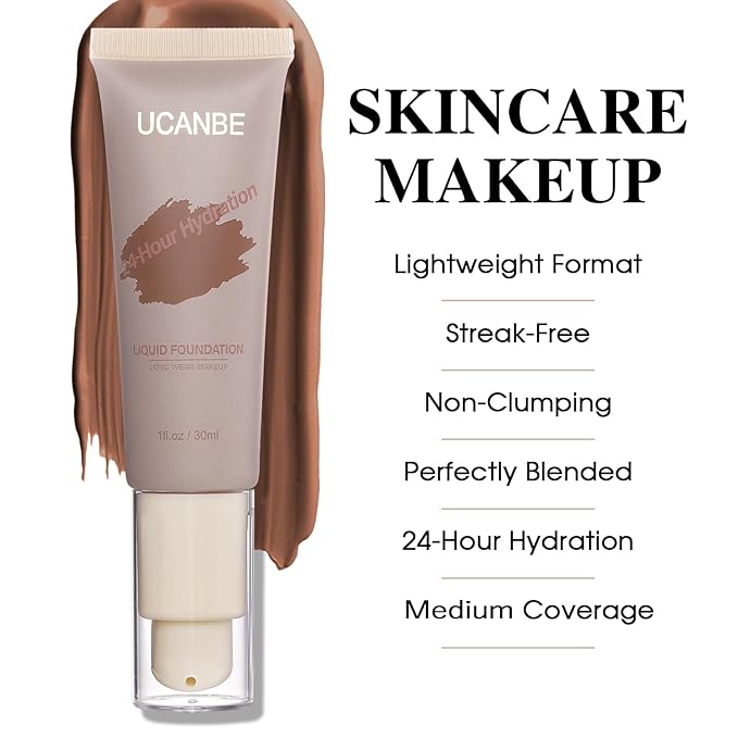 UCANBE Matte Liquid Foundation with Brush, Skincare Serum Foundation Face Makeup with Hyaluronic Acid, Medium to Full Coverage Waterproof Oil Control Longwear, for Mature Skin, Cocoa, 1 fl. oz.-VivaGrace Women