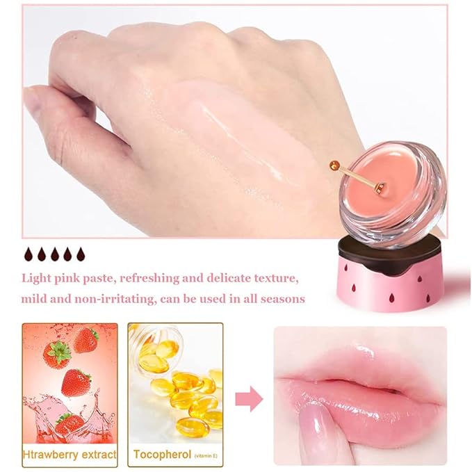Strawberry Lip Balm Honey Pot, Hydrating Prevention Dry and Cracked Lip Scrubs Exfoliator, Reduces Lip Lines, Moisturizing Lip Balm Sleeping Lip Mask-VivaGrace Women
