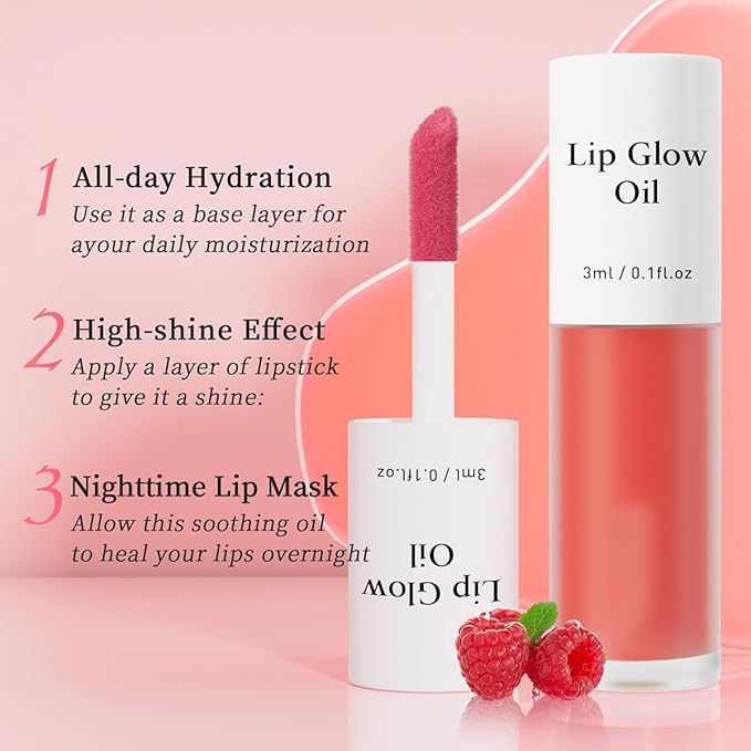 Plumping Lip Oil, Long Lasting Hydrating Lip Stain Lip Balm Raspberry Fruit Revitalizing, Transparent Lip Care Oil for Dry Lip (Raspberry Red)-VivaGrace Women