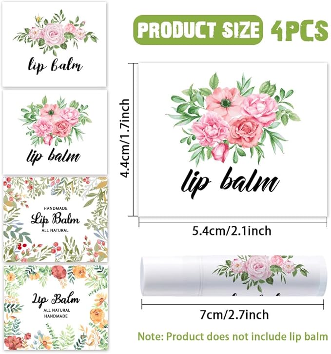 OLYCRAFT 100Pcs 4 Styles Flower Lip Balm Labels Stickers 2.1x1.7 inch Self-Adhesive Favor Lip Balms Flower Stickers with Handmade Words for Lipstick Wrapping Decorations Birthday Party Supplies-VivaGrace Women