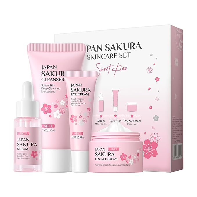 Skin Care Set JAPAN SAKURA Beauty Gift Sets Skin Care Kit with Cleanser, Serum, Eye Cream, Face Cream Travel Kit for Women Mom Wife Teen Girls Gentle Skin Cleaning TSA-friendly Sizes 4pcs-VivaGrace Women