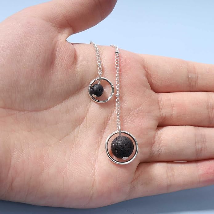 Boho Lava Stone Necklace Chain Silver Layered Chain Y Necklace Lava Bead Lariat Necklace Anxiety Essential Oil Diffuser Necklace Jewelry for Women-VivaGrace Women