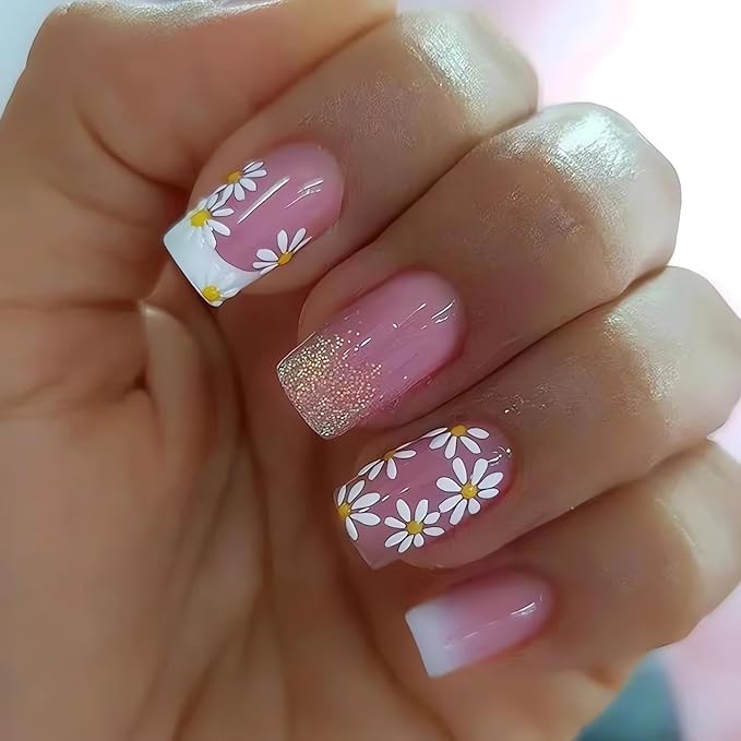 Square Press on Nails Medium, Pink Fake Nails Spring False Nails with Daisy Flower Designs, Glossy Full Cover Artificial Nails Medium Stick on Nails Cute Glue on Nails, 24 Pcs