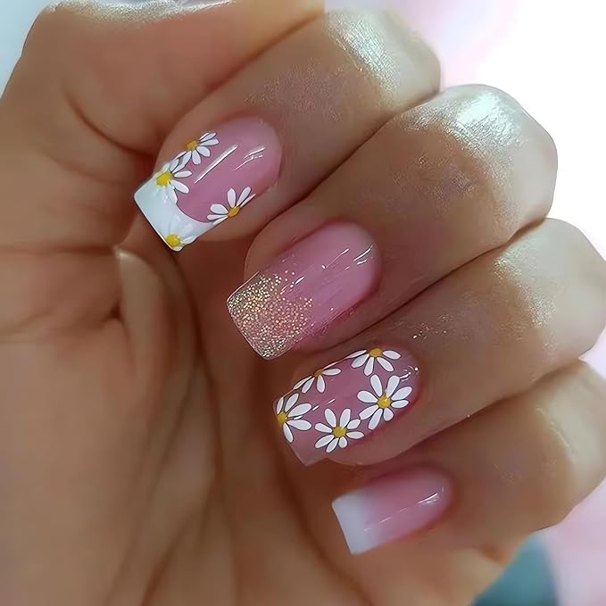 Square Press on Nails Medium, Pink Fake Nails Spring False Nails with Daisy Flower Designs, Glossy Full Cover Artificial Nails Medium Stick on Nails Cute Glue on Nails, 24 Pcs