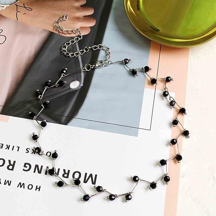 Black Crystal Choker Necklace Short Black Beaded Choker Necklace Silver Chain Necklace Minimalist Necklace Jewelry for Women and Girls-VivaGrace Women