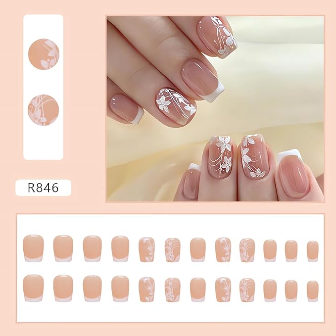 Short Square Press on Nails White French Fake Nails with Flower Designs Glossy Full Cover Stick on Nails Short Small Flowers Artificial Acrylic False Nails White Floral Glue on Nails for Women 24Pcs