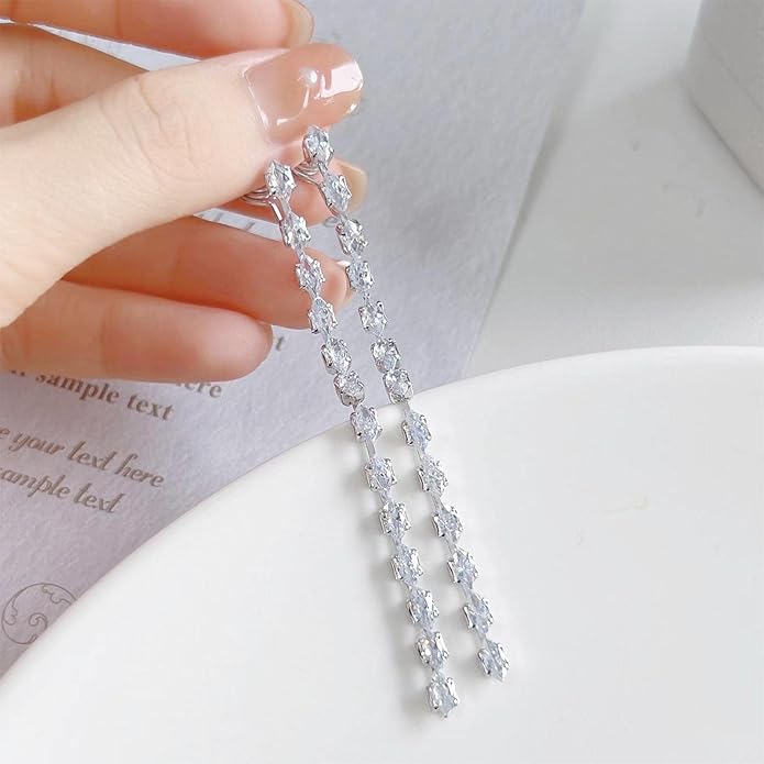 Vintage Rhinestone Chain Drop Earrings Silver Linear Crystal Earrings Sparkle Cz Tassel Earrings Long Cz Chain Stud Earrings Jewelry for Women and Girls-VivaGrace Women