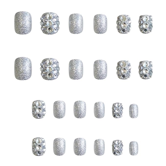Extra Short Press on Nails Silver Fake Nails with Glitter and Rhinestones Designs Square Shape Full Cover Nails for Girls (Silver)