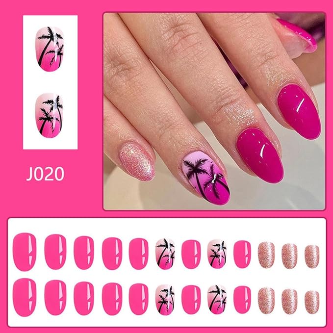 Coconut tree Press on Nails Medium Almond Fake Nails with Design Rose Gold Glitter Glue on Nails Glossy Spring Nails Reusable Pink Gradient Summer False Nails for Women Girls Manicure 24pcs