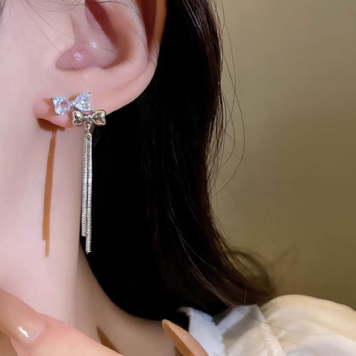 Vintage Crystal Bow Chain Drop Earrings Rhinestone Heart Stud Earrings Silver Long Chain Tassel Earrings Sparkly Cz Bridal Earrings Jewelry for Women-VivaGrace Women