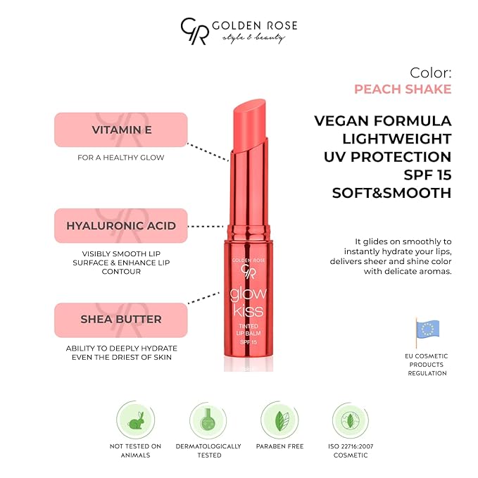 Golden Rose Cosmetics Glow Kiss Tinted Lip Balm with SPF15, Vegan Formula (Peach Shake)-VivaGrace Women