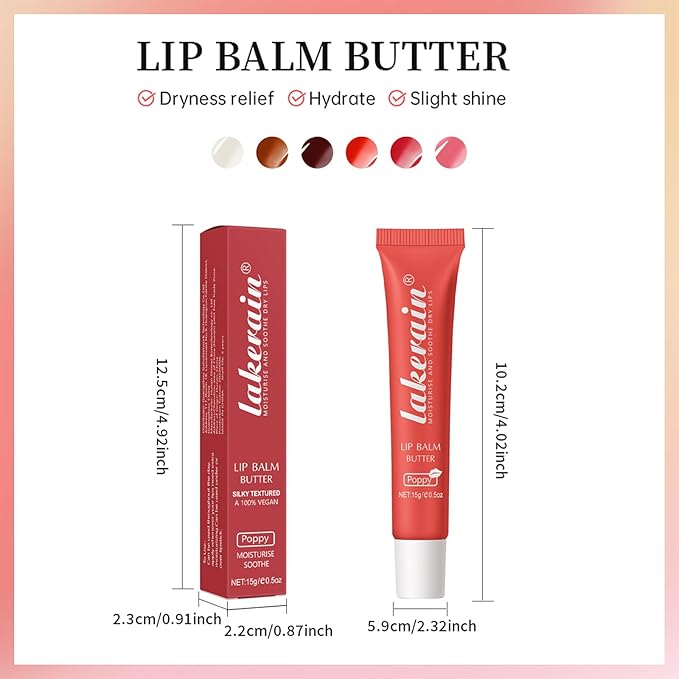 Erinde Lip Butter Balm, Moisture Hydration Lip Butter Gloss, Sheer Tinted Lip Mask and Lip Balm, Soothing Lip Treatment Care Makeup, Shine Lip Glow Oil for Dry, Chapped Lips, 04 Poppy-VivaGrace Women