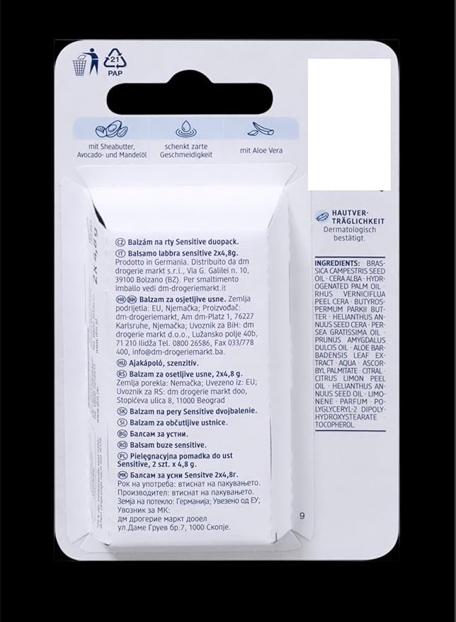 Balea Lip Care Sensitive, Moisturizing Lip Balm with Aloe Vera 9.6 g (pack of 2) - German product-VivaGrace Women