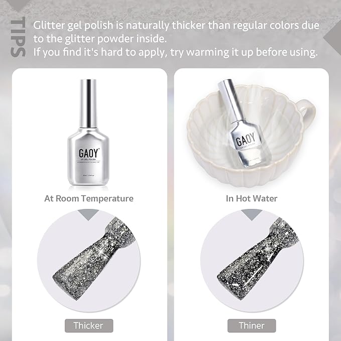 GAOY Glitter Gel Nail Polish, 16ml Silver Reflective Gel Polish, Sparkle Diamond Flash Soak Off UV Gel for Nail Art, 1202