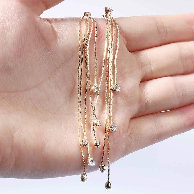 Boho Cz Tassel Chain Earrings Gold Drop Crystal Earrings Long Chain Dangle Earrings Rhinestone Linear Chain Earrings Sparkle Crystal Wedding Earrings Jewelry for Women and Girls-VivaGrace Women
