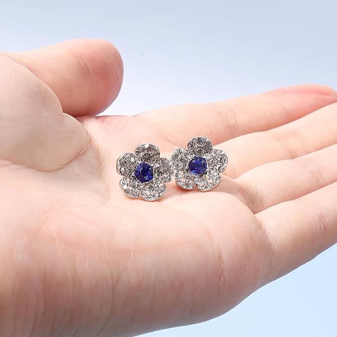 Boho CZ Flower Studs Earrings Silver Crystal Earrings Blue Flower Earrings Studs Wedding Earrings Jewelry for Women and Girls-VivaGrace Women