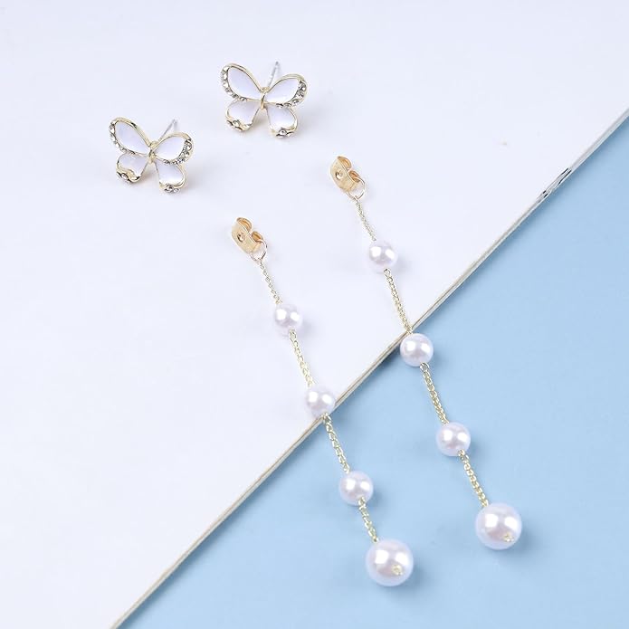 Vintage Butterfly Pearl Drop Earrings Gold Pearl Chain Earrings Long Pearl Tassel Earrings White Butterfly Stud Earrings Wedding Pearl Earrings Jewelry for Women-VivaGrace Women