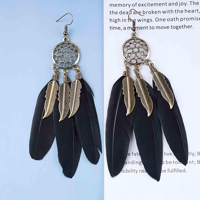 Boho Black Feather Dangle Earrings Long Feather Tassel Earrings Vintage Tribal Feather Earrings Gold Feather Drop Earrings Jewelry for Women-VivaGrace Women