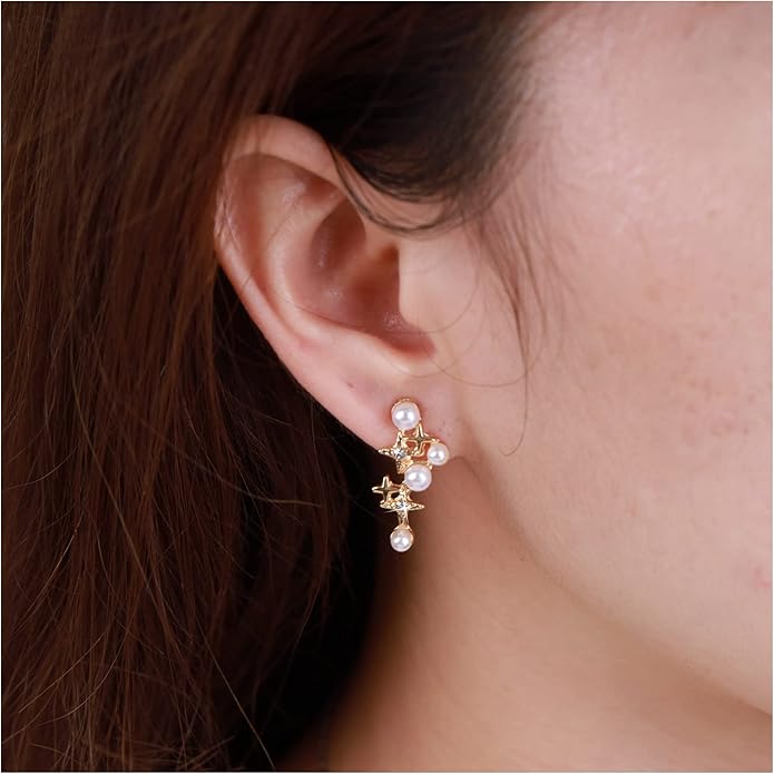 Vintage Pearl Star Earrings Rhinestone Pearl Drop Earrings Gold Crystal North Star Earrings Cz Northstar Studs Earrings Jewelry for Women-VivaGrace Women