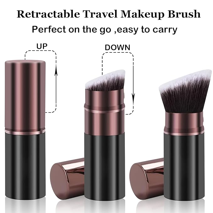 Retractable Makeup Brush, Travel Kabuki Powder Makeup Brush 2 Pack, Foundation Face Blush Brushes for Blending Liquid, Blush, Bronzer, Buffing, Sunscreen,Flawless Cosmetics-VivaGrace Women
