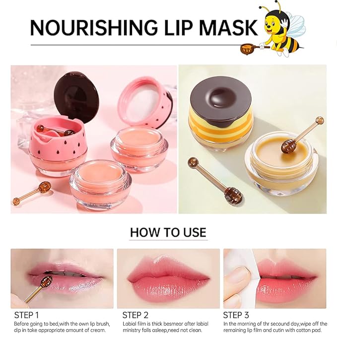 2PCS Bee Balm Lip Balm Honey Pot & Strawberry Sleeping Lip Mask, Propolis Moisturizing Honey Lip Mask Lip Balm, Hydrating & Prevention Dry and Cracked Lip Scrubs Exfoliator, Winter Lip Care Products-VivaGrace Women