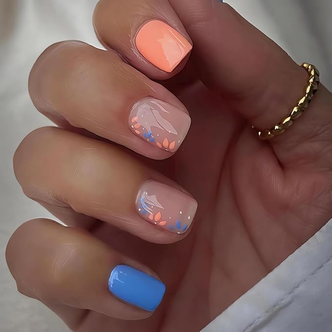 Short Press on Nails Square Fake Nails Blue Orange Flowers Glue on Nails Spring Summer Nail Art Decorations Glossy Full Cover Acrylic False Nails Short Square Stick on Nails 24Pcs