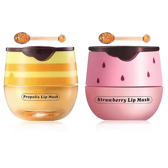 2 Pcs Strawberry & Honey Lip Balm, Lip Mask with Stick, Moisturizing Lip Sleeping Mask Day & Night Lip Care - Hydrate Repair Prevent Dry Cracked Exfoliate (Honey+Strawberry)-VivaGrace Women