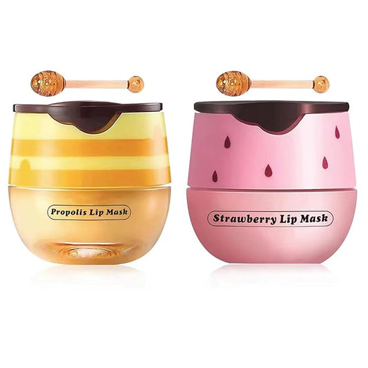 2 Pcs Strawberry & Honey Lip Balm, Lip Mask with Stick, Moisturizing Lip Sleeping Mask Day & Night Lip Care - Hydrate Repair Prevent Dry Cracked Exfoliate (Honey+Strawberry)-VivaGrace Women