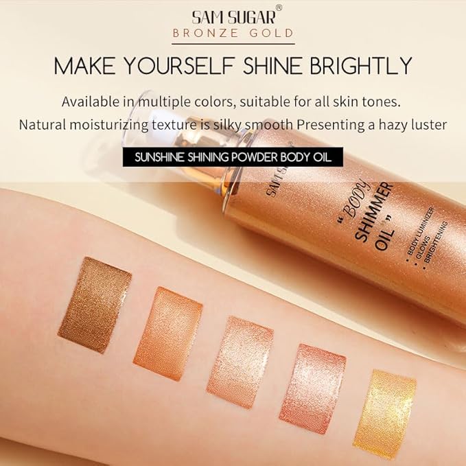 Shimmer Body Oil, Long Lasting Moisturizing Body Glow Glitter for Women Face Luminizer Highlighter Makeup 100ml Shimmer Oil for Glowing Skin Lotion (Bronze Gold)