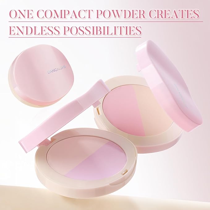 Pink Setting Powder, 3 in 1 Blush Palette with Puff, Highlighter Palette, Fine Texture Blush Pressed Powder, Setting Powder Makeup, Korea Makeup - Pink-VivaGrace Women