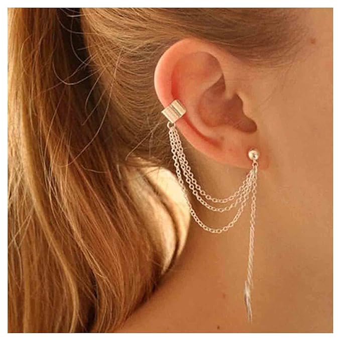 Boho Leaf Cuff Chain Earrings Silver Dangle Chain Earrings Cartilage Helix Earrings Cuff Helix to Lobe Chain Earrings Jewelry for Women and Girls-VivaGrace Women