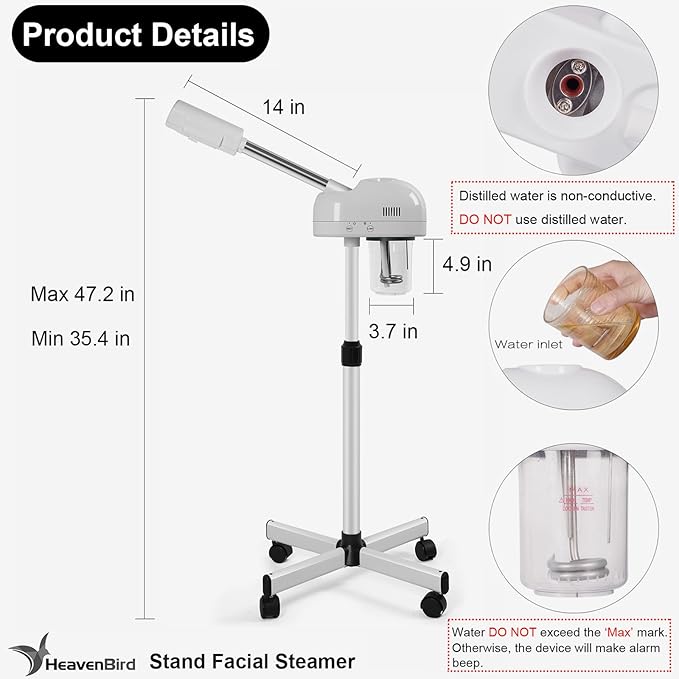 Stand Professional Ozone Facial Steamer with Touch Control, Adjustable Height & Rolling Base, 360° Rotatable Nozzle, Hot Mist Function, Use for Home, Salon SPA (White)-VivaGrace Women