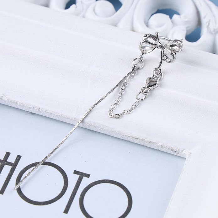 Vintage Crystal Bow Ear Cuff Earrings Rhinestone Bow Cuff Earrings Silver Long Chain Tassel Earrings Cz Chain Dangle Earrings Jewelry for Women-VivaGrace Women