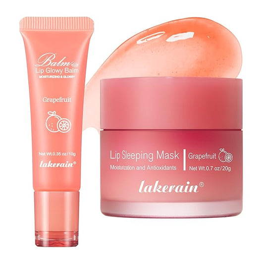 2Pcs Lip Glowy Balm and Lip Sleeping Mask Set, with 4 Flavor Options - Reduce Lip Lines, Enhance Lip Color, Hydrate & Plump Dry Chapped Lips Care (Grapefruit)-VivaGrace Women